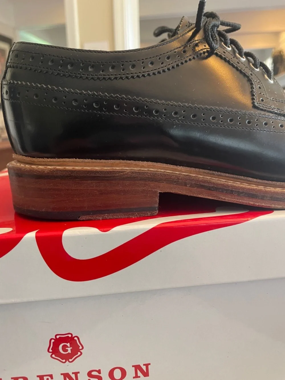 Grenson Sid Black Leather Cap Toe Derbys with Tan Welt UK Size 8G US Size 9